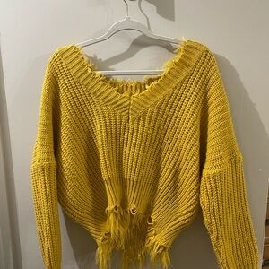 Yellow Frayed Knit Sweater